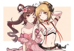Rule 34 | 2girls, ;/, animal ears, antenna hair, arknights, arm strap, arm up, armpits, bare shoulders, bikini, blonde hair, blush, border, breasts, brown hair, choker, cleavage, closed mouth, collarbone, demon girl, demon horns, demon tail, detached sleeves, dress, eyjafjalla (arknights), eyjafjalla (summer flower) (arknights), feathers, flower, goat ears, goat girl, goat horns, hair bun, hair flower, hair ornament, hibiscus, highres, holding hands, horns, ifrit (arknights), ifrit (sunburn) (arknights), looking at viewer, mabing, material growth, motion lines, multiple girls, navel, official alternate costume, orange background, orange eyes, oripathy lesion (arknights), outside border, parted bangs, pink bikini, pink flower, purple eyes, red choker, short hair, short sleeves, side ponytail, simple background, single hair bun, sitting, small breasts, stomach, strapless, strapless bikini, swimsuit, tail, white border, white dress