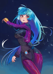 Rule 34 | 1girl, belt, black bodysuit, blue hair, bodysuit, boots, breasts, commentary, contrapposto, english commentary, garter belt, gloves, highres, impossible bodysuit, impossible clothes, kula diamond, long hair, looking to the side, medium breasts, narrow waist, purple thighhighs, red eyes, skin tight, some1else45, the king of fighters, thigh boots, thighhighs, thighhighs over bodysuit, two-tone bodysuit, yellow gloves