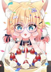 1girl :3 animal_collar animal_ear_fluff animal_ears artist_name bell black_collar blonde_hair blue_eyes blueberry cake candle cat_ears collar commentary confetti controller_hair_ornament english_commentary eyelashes fang food fruit gradient_hair hair_ornament hairpin highres indie_virtual_youtuber keipup medium_hair minikomew multicolored_hair pink_hair shirt simple_background solo straight-on strawberry upper_body white_background white_shirt