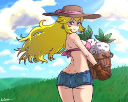 Rule 34 | 1girl, akairiot, artist name, ass, back, bare back, bare shoulders, basket, blonde hair, blue eyes, blue sky, breasts, butt crack, cloud, crop top, denim, denim shorts, dimples of venus, field, gloves, grass, hat, highres, huge ass, long hair, looking at viewer, looking back, mario (series), midriff, naughty face, nintendo, outdoors, princess peach, short shorts, shorts, sideboob, signature, sky, smile, solo, strapless, sun hat, sunlight, super mario bros. 1, super mario bros. 2, thick thighs, thighs, turnip, wide hips