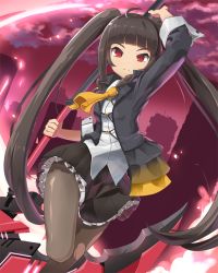 Rule 34 | 1girl, ahoge, ascot, black hair, black pantyhose, black skirt, blunt bangs, city, frilled skirt, frills, holding, holding weapon, jacket, lily bloomerchen, long hair, looking at viewer, open clothes, open jacket, pantyhose, red eyes, scythe, shirt, skirt, sky, solo, soulworker, ssorasora, twintails, weapon, white shirt, yellow ascot