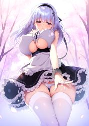 Rule 34 | 1girl, apron, azur lane, bare shoulders, black hairband, blush, breasts, cherry blossoms, cleavage cutout, clothing cutout, dido (azur lane), frills, hairband, highres, large breasts, long hair, looking at viewer, maid, panties, purple eyes, skindentation, sleeveless, solo, thighhighs, underboob, underboob cutout, underwear, waist apron, white apron, white hair, white panties, white thighhighs, yatanukikey