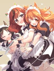 Rule 34 | 3girls, absurdres, alternate costume, animal ears, black hair, brown eyes, brown hair, commentary, enmaided, closed eyes, fang, highres, horse ears, horse girl, long hair, looking at viewer, maid, maid headdress, marvelous sunday (umamusume), mayano top gun (umamusume), multiple girls, nice nature (umamusume), one eye closed, open mouth, ouri (aya pine), simple background, symbol-only commentary, tray, umamusume