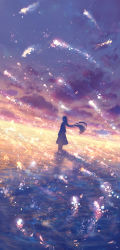 Rule 34 | 1girl, blue sky, capelet, cloud, cloudy sky, commentary request, day, dress, fantasy, from side, highres, in water, light particles, long hair, ocean, original, profile, sakimori (hououbds), scenery, sky, solo, sunlight, sunset, very long hair, wading, water, water surface, water world