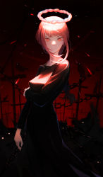 Rule 34 | 1girl, absurdres, bird, black dress, braid, braided ponytail, breasts, chain, chainsaw man, closed mouth, commentary, cowboy shot, cross, crow, dog, dress, glowing, gradient background, graveyard, halo, highres, long sleeves, looking at viewer, makima (chainsaw man), medium breasts, medium hair, mrstomachache, red background, red eyes, red hair, ringed eyes, smile, solo