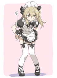 Rule 34 | 1girl, alternate costume, apron, black bow, black bowtie, black dress, black footwear, blush, bow, bowtie, brown eyes, closed mouth, clothes lift, collared dress, commentary, dress, dress lift, enmaided, frilled dress, frilled sleeves, frills, frown, full body, garter straps, girls und panzer, leaning forward, lifted by self, light brown hair, long hair, maid, maid apron, maid headdress, mary janes, one side up, outside border, panties, panty pull, pink background, puffy short sleeves, puffy sleeves, pulled by self, shadow, shimada arisu, shoes, short sleeves, solo, squiggle, standing, sweatdrop, tewarusa, thighhighs, underwear, white apron, white thighhighs