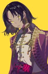 Rule 34 | 1boy, black hair, closed mouth, dark skin, earrings, expressionless, grey shirt, highres, jacket, jewelry, ka9 qq, looking at viewer, male focus, medium hair, open clothes, open jacket, original, parted bangs, pink ribbon, purple jacket, ribbon, serious, shirt, sidelocks, simple background, solo, upper body, yellow background, yellow eyes, yellow ribbon