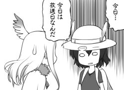 Rule 34 | 10s, 2girls, azumanga daiou, backpack, bag, bucket hat, fur collar, greyscale, hat, hat feather, head wings, japanese crested ibis (kemono friends), kaban (kemono friends), kemono friends, long hair, monochrome, multiple girls, nagase haruhito, o o, short hair, sweatdrop, translation request, wings