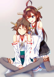 Rule 34 | 10s, 2girls, ;d, ^ ^, ahoge, boots, brown hair, detached sleeves, double bun, closed eyes, frilled skirt, frills, hairband, hand on another&#039;s head, hand on another&#039;s shoulder, hiei (kancolle), highres, japanese clothes, kantai collection, kongou (kancolle), konkito, long hair, miko, multiple girls, no legwear, nontraditional miko, one eye closed, open mouth, personification, plaid, plaid skirt, ribbon-trimmed sleeves, ribbon trim, short hair, skirt, smile, thigh boots, thighhighs, wink
