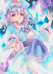 Rule 34 | 1girl, blue hat, blue kimono, blue ribbon, breasts, center frills, cherry blossom print, dark background, floral print, folded fan, folding fan, frills, hair between eyes, hand fan, hat, highres, holding, holding fan, japanese clothes, kimono, large breasts, long sleeves, looking at viewer, marker (medium), medium hair, mob cap, momonabe02, neck ribbon, open mouth, paper fan, pink hair, print kimono, red eyes, ribbon, saigyouji yuyuko, solo, touhou, traditional media, transparent butterfly, triangular headpiece