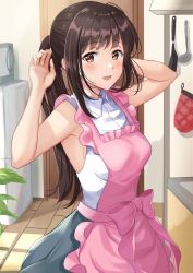 Rule 34 | 1girl, ahoge, apron, armpits, blue skirt, blush, breasts, brown eyes, brown hair, collared shirt, commentary, cowboy shot, frilled apron, frills, hair intakes, half updo, highres, indoors, kitchen, ladle, long hair, looking at viewer, medium breasts, niwata0, open mouth, original, oven mitts, pink apron, ponytail, refrigerator, shirt, sideboob, skirt, sleeveless, sleeveless shirt, smile, solo, spatula, standing, sunlight, tile floor, tiles, white shirt, wing collar