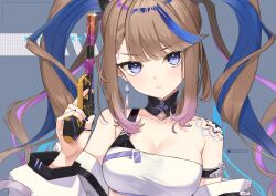 Rule 34 | 1girl, airi kanna, bare shoulders, blue eyes, blue hair, breasts, brown hair, cleavage, closed mouth, commentary request, detached sleeves, grey background, gun, handgun, holding, holding gun, holding weapon, long hair, long sleeves, looking at viewer, medium breasts, multicolored hair, nanana narang, pink hair, puffy long sleeves, puffy sleeves, simple background, single strap, solo, stellive, suppressor, twintails, two-tone hair, upper body, v-shaped eyebrows, virtual youtuber, weapon, weapon request, white sleeves