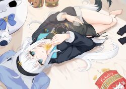 Rule 34 | 1girl, absurdres, animal ears, aqua eyes, bag of chips, bare legs, barefoot, black headband, black jacket, black shirt, breasts, burger, cellphone, chips (food), commentary, eating, food, fox ears, fox girl, fox tail, fubuchun, full body, hair between eyes, head on pillow, headband, highres, hiragi moka, holding, holding phone, hololive, jacket, legs, long hair, looking at viewer, lying, medium breasts, miteiru (shirakami fubuki), nejima kitsune (shirakami fubuki), official alternate costume, on back, open clothes, open jacket, parted lips, phone, potato chips, shirakami fubuki, shirakami fubuki (loungewear), shirt, sidelocks, smartphone, solo, tail, thighs, very long hair, virtual youtuber, white hair