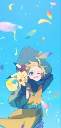 Rule 34 | 1girl, bag, belt, blonde hair, commentary request, creatures (company), day, falling petals, game freak, gen 1 pokemon, green belt, green eyes, hat, highres, long sleeves, looking up, marutoko45, nintendo, on shoulder, one eye closed, open mouth, outdoors, petals, pikachu, pokemon, pokemon (creature), pokemon adventures, pokemon on shoulder, short hair, sky, tunic, yellow (pokemon)