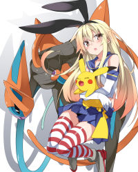Rule 34 | 10s, 1girl, animal, animal ears, blonde hair, boots, closed eyes, commentary request, creatures (company), deoxys, deoxys (speed), elbow gloves, fake animal ears, game freak, gen 1 pokemon, gen 3 pokemon, gloves, high heel boots, high heels, highres, holding, holding animal, kantai collection, legendary pokemon, long hair, long tail, looking to the side, mtu (orewamuzituda), mythical pokemon, nintendo, open mouth, pikachu, pleated skirt, pokemon, pokemon (creature), rabbit ears, sailor collar, sailor shirt, shimakaze (kancolle), shirt, skirt, sleeveless, sleeveless shirt, smile, striped clothes, striped thighhighs, tail, tentacles, thighhighs, yellow eyes