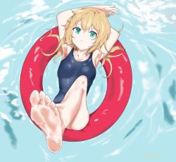 Rule 34 | 1girl, akai haato, barefoot, blonde hair, feet, green eyes, hololive, innertube, long hair, looking at viewer, one-piece swimsuit, soles, swim ring, swimsuit, toes, virtual youtuber, water