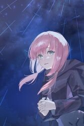 Rule 34 | 1girl, akira (colon radio), blue eyes, highres, hood, hooded jacket, jacket, kaf (kamitsubaki studio), kamitsubaki studio, long hair, looking up, low twintails, night, outdoors, own hands together, parted lips, pink hair, sky, solo, star (sky), starry sky, twintails, upper body