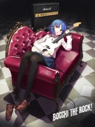 Rule 34 | 1girl, absurdres, amplifier, bass guitar, black pantyhose, blue hair, blue skirt, bocchi the rock!, brown footwear, checkered floor, commentary request, copyright name, couch, hair ornament, hairclip, highres, holding, holding instrument, instrument, looking at viewer, lounging, marshall amplification, on couch, pantyhose, pleated skirt, sakoku (rh ty ks), scattered paper, sheet music, shirt, shoes, single shoe, skirt, unworn shoes, white shirt, yamada ryo, yellow eyes