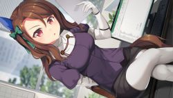 Rule 34 | 1girl, animal ears, ashigara (kancolle), ashigara (kancolle) (cosplay), black skirt, bow, breasts, brown hair, commentary request, computer, cosplay, elbow gloves, feet out of frame, gloves, green bow, hair bow, holding, horse ears, kantai collection, keyboard (computer), king halo (umamusume), long hair, looking at viewer, medium breasts, miniskirt, monitor, pantyhose, pencil skirt, puffy short sleeves, puffy sleeves, purple shirt, red eyes, shirt, short sleeves, sitting, skirt, solo, tail, thighs, umamusume, white gloves, white pantyhose, yasume yukito