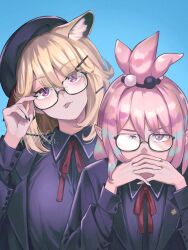 Rule 34 | 2girls, animal ear fluff, arknights, black nails, blonde hair, blurry, blurry background, gendou pose, glasses, hands clasped, highres, kirara (arknights), looking at viewer, memetaroh, multiple girls, own hands clasped, own hands together, pink hair, pointy ears, purple eyes, purple shirt, shirt, slit pupils, tongue, tongue out, upper body, utage (arknights), utage (disguise) (arknights)
