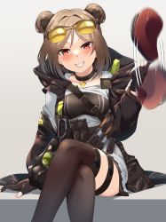 Rule 34 | 1girl, 4tb (4tera byte), absurdres, beret, black gloves, black jacket, black thighhighs, breasts, crossed legs, double bun, eyewear on head, girls&#039; frontline, gloves, hair bun, hat, highres, holding, holding clothes, holding hat, jacket, light brown hair, long sleeves, medium breasts, open clothes, open jacket, p90 (girls&#039; frontline), partially fingerless gloves, red eyes, red hat, sitting, solo, sunglasses, tactical clothes, thigh strap, thighhighs, tinted eyewear, unworn hat, unworn headwear, yellow-tinted eyewear