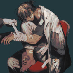 Rule 34 | 1boy, arknights, bandages, bandaged arm, bandaged head, bandaged leg, bandaged neck, bandages, barefoot, black shirt, blood, brown hair, bruise, chair, coat, commentary, dark skin, dark-skinned male, disembodied hand, earrings, english commentary, full body, gloves, grey background, highres, injury, jewelry, knee up, male focus, manjyufroth, muted color, pants, shirt, short hair, simple background, sitting, solo focus, stitches, thorns (arknights), white coat, white gloves, white pants, yellow eyes