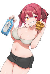 Rule 34 | 1girl, black shorts, bottle, bra, breasts, brown ribbon, cleavage, clenched teeth, commentary request, cup, grey bra, hair ribbon, heterochromia, highres, holding, holding bottle, holding cup, hololive, houshou marine, konboi-eg, large breasts, navel, red eyes, red hair, ribbon, shirogane noel, short hair, shorts, smile, solo, teeth, twintails, underwear, virtual youtuber, yellow eyes