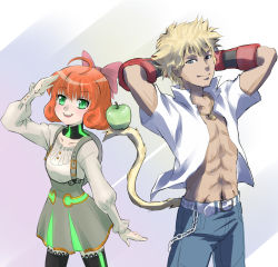Rule 34 | 1boy, 1girl, abs, apple, blonde hair, blue eyes, bow, denim, food, freckles, fruit, green eyes, hair bow, highres, iesupa, jeans, monkey tail, open clothes, open shirt, pants, penny polendina, red hair, rwby, shirt, sun wukong (rwby), tail