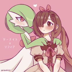 Rule 34 | 2girls, artist name, bellavoirr, blush, bob cut, braid, breasts, brown dress, brown eyes, brown hair, closed mouth, colored skin, creatures (company), dress, earrings, eye contact, female focus, flat chest, game freak, gardevoir, gen 3 pokemon, green hair, green skin, hair ornament, hair over one eye, hairband, hairclip, hands on another&#039;s shoulders, hands up, happy, highres, jewelry, long hair, looking at another, matching hair/eyes, multicolored skin, multiple girls, nintendo, open mouth, original, pink background, pink hairband, pokemon, pokemon (creature), pokephilia, ponytail, puffy short sleeves, puffy sleeves, red eyes, short hair, short sleeves, sidelocks, signature, simple background, small breasts, smile, sofia (bellavoirr), standing, stud earrings, twin braids, two-tone skin, upper body, v arms, very long hair, white skin, yuri