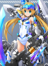 Rule 34 | 10s, 1girl, aqua eyes, arm behind head, bare shoulders, blonde hair, breasts, commentary, covered navel, elbow gloves, frame arms girl, gloves, grey background, hair between eyes, headgear, highres, holding, holding weapon, hresvelgr, long hair, looking at viewer, mecha musume, medium breasts, one-piece swimsuit, school swimsuit, scythe, smile, solo, swimsuit, twintails, weapon, white gloves, white one-piece swimsuit, white school swimsuit, zb (dawn-blue)
