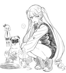 Rule 34 | 2girls, blush, cross-laced footwear, dog, glaring, greyscale, highres, long hair, long sleeves, monochrome, multiple girls, open mouth, original, paw print, pug, shar pei, shoes, short hair, sneakers, solo focus, speech bubble, squatting, teeth, tetori rina, twintails, upper teeth only, very long hair