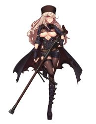 Rule 34 | 1girl, asymmetrical legwear, belt, black footwear, black gloves, blush, boots, breasts, buttons, cape, clothing cutout, damaged, earrings, evan yang, eyebrows, fingerless gloves, full body, fur hat, girls&#039; frontline, gloves, gun, hat, highres, holding, holding gun, holding weapon, jacket, jewelry, large breasts, long hair, looking at viewer, military jacket, mole, mole under eye, official art, one eye closed, papakha, personification, platform footwear, ptrd (girls&#039; frontline), silver hair, solo, standing, standing on one leg, strap, thighhighs, torn clothes, torn thighhighs, transparent background, trigger discipline, turtleneck, underboob, underboob cutout, uneven legwear, weapon
