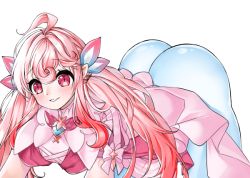 Rule 34 | 1girl, ahoge, ass, bad id, bad pixiv id, blush, brooch, cowboy shot, dress, elsword, gradient hair, hair ornament, jewelry, laby (elsword), leaning forward, legs apart, long hair, looking at viewer, multicolored hair, pantyhose, parted lips, pink dress, pink eyes, pink hair, radiant soul (elsword), shiny clothes, simple background, slit pupils, smile, solo, standing, sula (s ra760), white background, white pantyhose