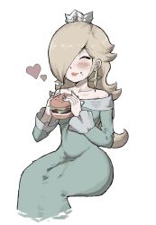 Rule 34 | 1girl, blonde hair, blush, burger, closed eyes, commentary request, crown, dot nose, earrings, eating, food, hair over one eye, heart, highres, holding, holding food, jewelry, long hair, mario (series), nintendo, rosalina, simple background, sitting, smile, solo, star (symbol), star earrings, super mario galaxy, toggy keiichi, white background