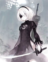 Rule 34 | 1girl, black dress, black gloves, blindfold, capriccio, child, commentary request, cowboy shot, dated, dress, expressionless, gloves, hair over one eye, holding, holding sword, holding weapon, katana, nier (series), nier:automata, short hair, solo, standing, sword, weapon, white hair, 2b (nier:automata)