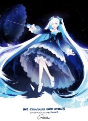 Rule 34 | 1girl, :d, artist name, bad deviantart id, bad id, black background, black dress, black ribbon, black umbrella, blue hair, constellation, dress, english text, full body, gradient hair, hair ribbon, hatsune miku, layered dress, long hair, long sleeves, looking at viewer, mary janes, multicolored hair, open mouth, outstretched arm, pantyhose, puffy long sleeves, puffy sleeves, rahwia, ribbon, round teeth, sheet music, shoes, signature, simple background, smile, snowflakes, solo, staff (music), star (symbol), starry sky print, teeth, text focus, twintails, umbrella, very long hair, vocaloid, white footwear, white hair, white pantyhose, yuki miku, yuki miku (2017) (candidate no.5)