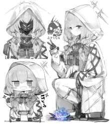 Rule 34 | 1girl, atsuko&#039;s grin (meme), atsuko (blue archive), blue archive, braid, chibi, closed mouth, coat, flower, gas mask, greyscale, grin, hair between eyes, hair ribbon, halo, highres, hood, hood up, hooded coat, kotatu (akaki01aoki00), long hair, long sleeves, looking at viewer, low twin braids, mask, meme, monochrome, open clothes, open coat, ribbon, shoes, simple background, smile, sparkle, spot color, squatting, twin braids, v