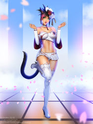 Rule 34 | 1girl, animal ears, warrior of light (ff14), bandeau, black hair, boots, breasts, cat ears, cat tail, choker, collarbone, commission, detached sleeves, facial mark, fictional persona, final fantasy, final fantasy xiv, gradient hair, green eyes, hat, high heel boots, high heels, large breasts, lips, looking at viewer, max domikov, midriff, miqo&#039;te, multicolored hair, parted lips, patreon username, petals, pleated skirt, signature, skirt, smile, solo, standing, standing on one leg, strapless, tail, thigh boots, thighhighs, two-tone hair, watermark, web address