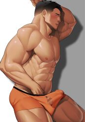 Rule 34 | 1boy, abs, adam&#039;s apple, bara, boxers, bulge, cowboy shot, erection, erection under clothes, from side, hand under clothes, highres, kansuke (kansuke 717), large pectorals, male focus, male underwear, muscular, muscular male, navel, navel hair, nipples, orange male underwear, original, pectorals, penis, penis peek, profile, short hair, sideburns, solo, standing, stomach, strongman waist, sweat, thick thighs, thighs, topless male, underwear