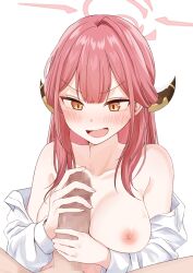 Rule 34 | 1boy, 1girl, aru (blue archive), bare shoulders, biwamaro, blue archive, blush, breasts, censored, dot nose, furrowed brow, halo, handjob, hetero, highres, horns, large breasts, looking at penis, nipples, off shoulder, pink hair, pov, pov crotch, two-handed handjob, yellow eyes