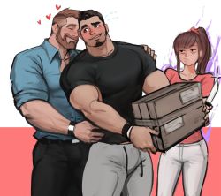 Rule 34 | 1girl, 2boys, aqua shirt, aura, bara, beard, black pants, blush, bulge, carrying, couple, dark-skinned male, dark skin, dopey (dopq), facial hair, goatee, grey pants, heads together, highres, holding, holding knife, interracial, jealous, knife, large pectorals, light brown hair, mature male, meme, multiple boys, muscular, muscular male, mustache, original, package, pants, partially unbuttoned, pectoral cleavage, pectorals, pout, raised eyebrow, shirt, short hair, sideburns, sleeves rolled up, smile, stomach, tight clothes, tight shirt, track pants, wristband, yaoi