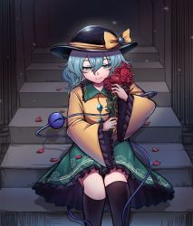 Rule 34 | 1girl, black socks, black thighhighs, bouquet, bow, bright pupils, crossed bangs, diamond (shape), flat chest, floral print, flower, frilled skirt, frilled sleeves, frills, gem, green eyes, green gemstone, green hair, green skirt, hair between eyes, hat, hat bow, highres, holding, holding bouquet, komeiji koishi, light particles, long sleeves, medium hair, petals, rose, rose petals, rose print, shirt, shishui guima, sitting, skirt, smile, socks, solo, stairs, thighhighs, third eye, touhou, white pupils, yellow bow, yellow shirt