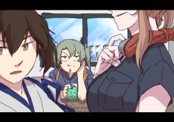 Rule 34 | 10s, 3girls, betchan, brown eyes, brown hair, cloud, cloudy sky, commentary, cup, drinking glass, drinking straw, green eyes, green hair, hand on own cheek, hand on own face, indoors, japanese clothes, kaga (kancolle), kantai collection, multiple girls, remodel (kantai collection), saratoga (kancolle), side ponytail, sky, table, twintails, window, zuikaku (kancolle)