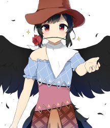 Rule 34 | 1girl, arm up, bad id, bad pixiv id, bare shoulders, black hair, blue dress, brown dress, brown hat, closed mouth, cowboy hat, dress, feathers, hand up, hat, horse tail, kurokoma saki, looking at viewer, multicolored clothes, multicolored dress, off shoulder, orange dress, pink dress, plaid, plaid dress, poco (zdrq3), puffy short sleeves, puffy sleeves, red eyes, scarf, short hair, short sleeves, simple background, smile, solo, star (symbol), tail, touhou, white background, white neckwear, white scarf, wings