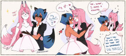 Rule 34 | 2girls, animal ears, arm around waist, artist name, blue hair, blush, body fur, border, bow, bowtie, brand new animal, bride, commentary, dreamsyndd, dress, embarrassed, english commentary, english text, eye contact, fox ears, fox girl, fox tail, furry, furry female, furry with furry, groom, heart, highres, hiwatashi nazuna, holding hands, kagemori michiru, long hair, looking at another, multiple girls, pants, pink hair, raccoon ears, raccoon girl, raccoon tail, short hair, simple background, smile, sparkle, tail, tuxedo, wedding dress, white border, wife and wife, yuri