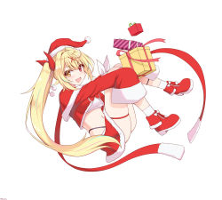 Rule 34 | 1girl, :d, absurdres, ahoge, ass, blonde hair, boots, box, breasts, capelet, christmas, crop top, full body, fur trim, gift, gift box, hair ornament, hair ribbon, hat, heterochromia, highleg, highres, holding, holding gift, hoshikawa sara, knees up, large breasts, long hair, long sleeves, looking at viewer, midriff, mikotoplus, miniskirt, multicolored hair, navel, nijisanji, open mouth, red eyes, red footwear, red hat, red ribbon, red shirt, red skirt, ribbon, santa costume, santa hat, shirt, side ponytail, simple background, skindentation, skirt, sleeves past fingers, sleeves past wrists, smile, socks, solo, streaked hair, striped, thigh strap, very long hair, virtual youtuber, white background, white socks, x hair ornament, yellow eyes