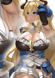 Rule 34 | 1girl, arm behind head, arm up, armor, armpits, bad id, bad twitter id, belt, blonde hair, blue armor, blue eyes, blush, breasts, cleavage, cross-laced clothes, detached collar, detached sleeves, draph, faulds, granblue fantasy, hip focus, horns, large breasts, long hair, muunyan (yumenekoya), open mouth, pleated skirt, pointy ears, razia, skirt, solo, sweat, underbust, very long hair, white background, white skirt