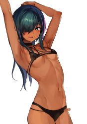 Rule 34 | 1girl, :d, absurdres, armpits, arms up, bare arms, bare shoulders, bikini, black bikini, black choker, breasts, choker, collarbone, cowboy shot, dark-skinned female, dark skin, fang, green eyes, green hair, groin, hair over one eye, highres, konbu wakame, long hair, looking at viewer, micro bikini, mole, mole on breast, mole under mouth, navel, open mouth, original, simple background, small breasts, smile, solo, standing, stomach, swimsuit, white background