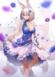 Rule 34 | 1girl, absurdres, animal ear fluff, animal ears, azur lane, bare shoulders, bell, blue dress, blue eyes, blunt bangs, blurry, blurry foreground, breasts, cleavage, collar, collarbone, dress, dress flower, flower, fox ears, fox tail, highres, huge filesize, japanese clothes, kaga (azur lane), kitsune, knee up, lace trim, large breasts, looking at viewer, lordol, multiple tails, neck bell, short hair, simple background, single strap, skirt hold, smile, tail, white background, white hair