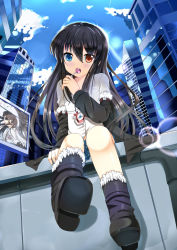 Rule 34 | 1boy, bellezza felutia, black hair, blue eyes, blush, boots, borrowed character, candy, city, cloud, eating, food, heterochromia, highres, jacket, jewelry, lollipop, long hair, male focus, necklace, open mouth, original, red eyes, shirt, sitting, skirt, sky, solo, sword, trap, weapon, xephonia